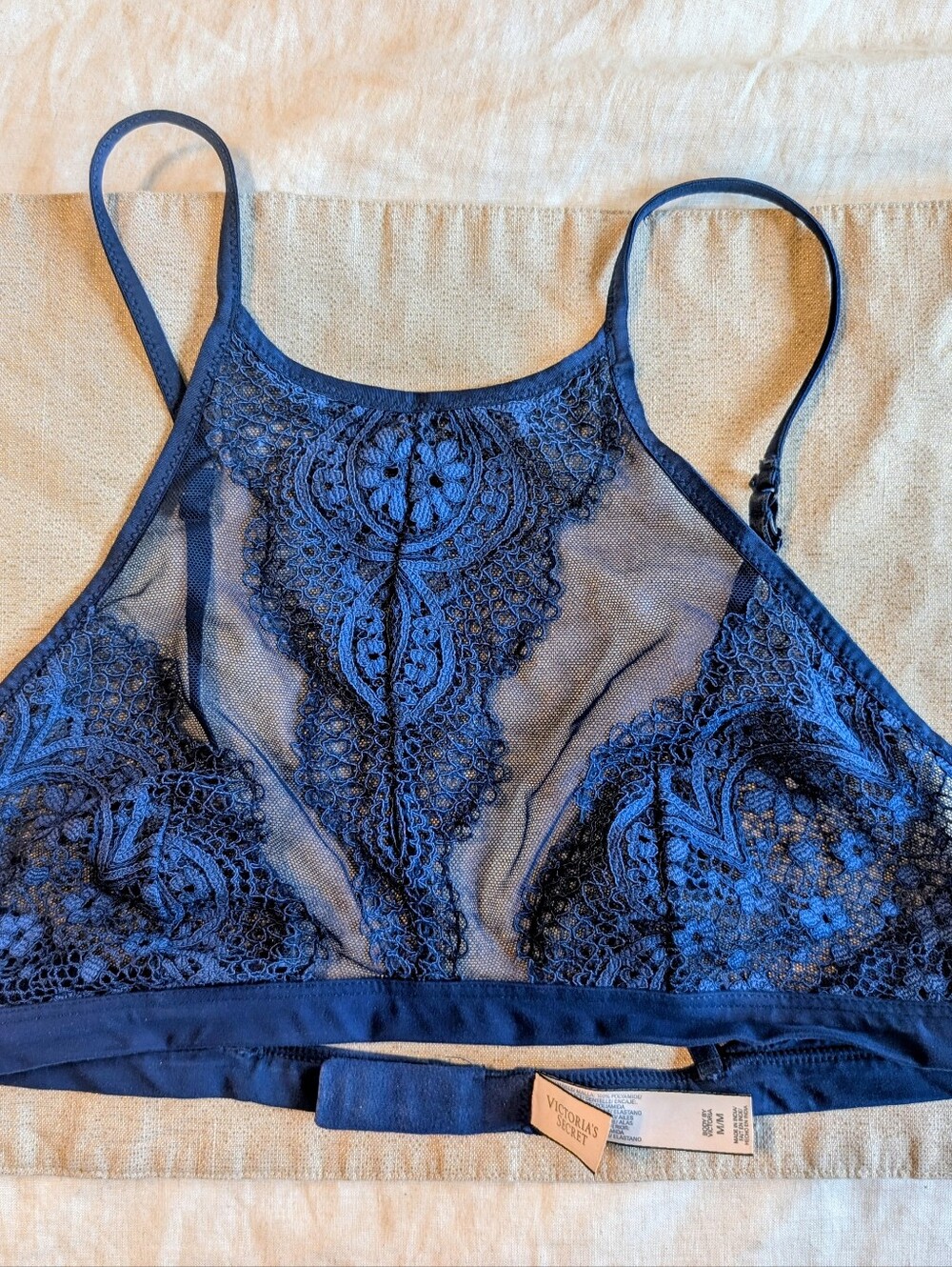 Victoria's Secret Body By Victoria High Neck Mesh & Lace Sheer Bralette Blue M